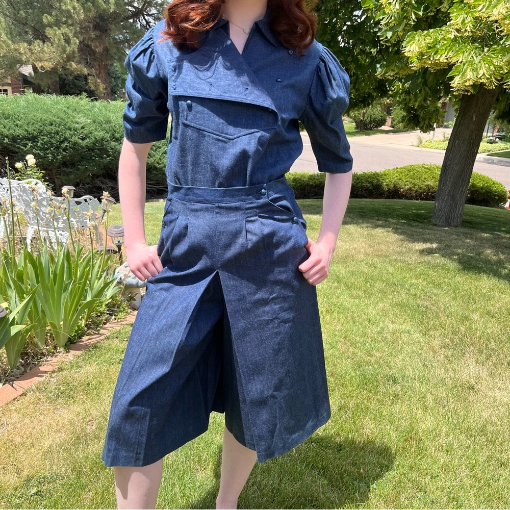 Vintage 1970’s Western ranch blouse Denim high waisted Gaucho wide leg set med.